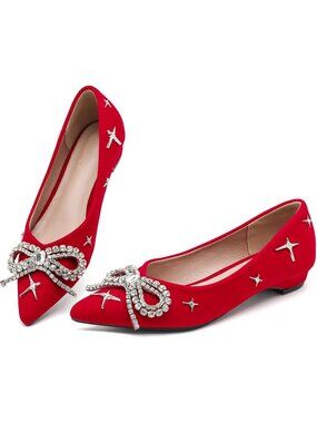 🆕 Women's Pointed Toe Suede Ballet Flats Red Rhinestone Bow Shoes